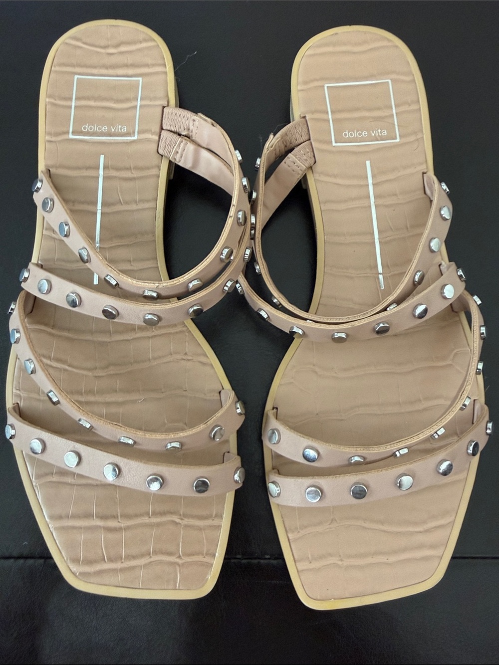 Dolce Vita Beige Studded Triple-Strap Slide Sandals